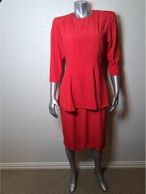 JP KLEIN Red Peplum Sheath Dress 8 (11/12) 3/4 Sleeve Cocktail Midi